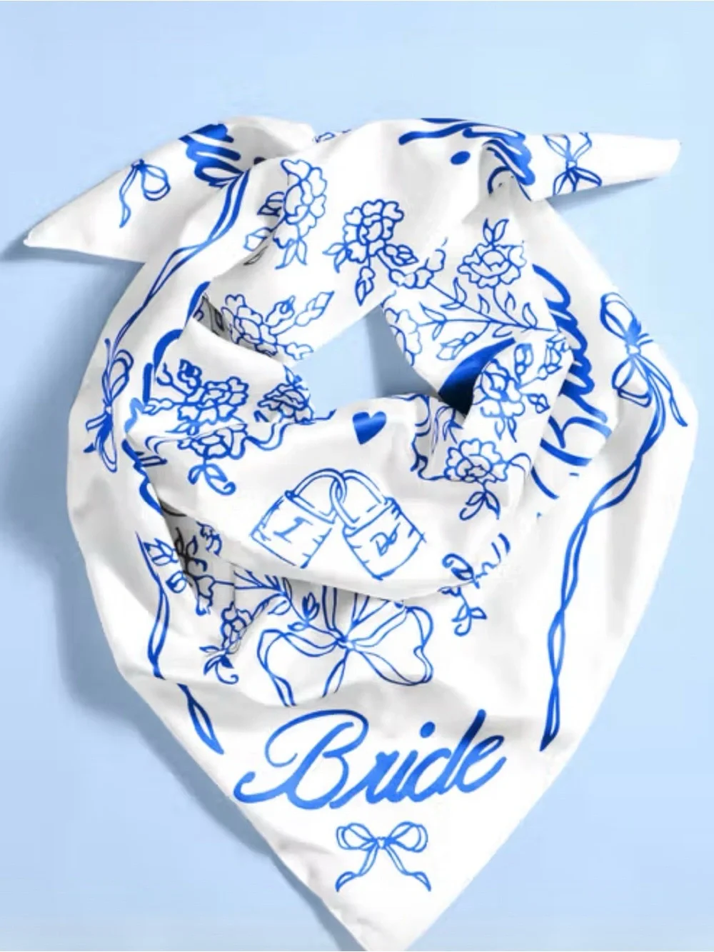 Bride Satin Bandana Scarf in White and Blue